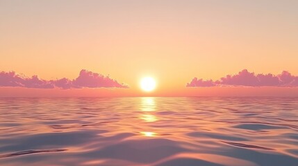 A serene sunset over a calm ocean with soft pink clouds.