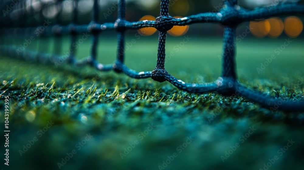 Poster The image captures a close-up of a soccer net along the edge of a field, with dew glistening on the grass, and soft evening lights creating a serene atmosphere at dusk.