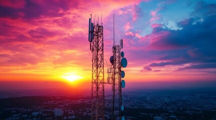 A tall communication tower silhouetted against a vibrant sunset sky, with a cityscape in the foreground.