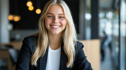 Obraz premium A smiling young woman with long hair, wearing a black blazer, sits in a modern café, radiating confidence and warmth.