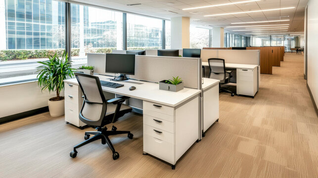 A modern office workspace featuring cubicles, ergonomic chairs, and greenery, designed for productivity and collaboration.