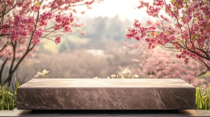 A serene landscape with a stone platform surrounded by blooming cherry blossoms.