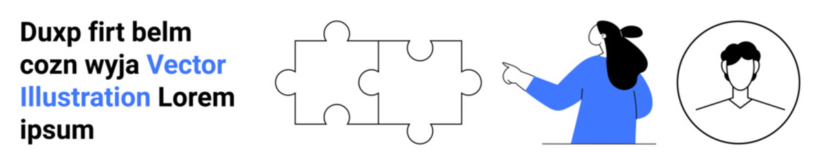 Woman pointing at puzzle pieces next to a profile portrait and placeholder text. Ideal for teamwork, problem-solving, collaboration, user profiles, and educational content. Banner for landing page