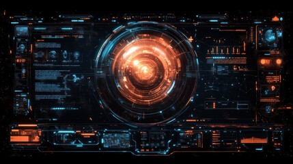 Holographic interface elements floating over a transparent, darkened background, creating a futuristic HUD feel