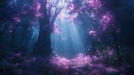 Fototapeta premium Mystical forest with glowing plants and ethereal light beams shining through dense, ancient trees, creating a magical atmosphere