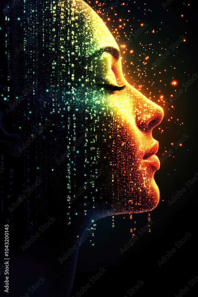 Poster a human profile created with cascading glowing matrix-like code, representing digital transformation