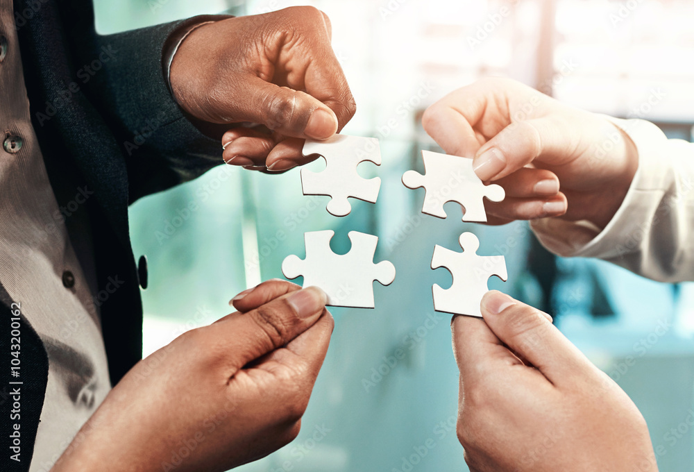Poster puzzle, team building and hands of business people for strategy, partnership and solution. work, cor