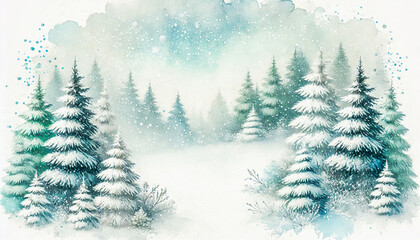 Fototapeta premium Peaceful winter landscape with snow-covered trees and soft falling snowflakes, creating a serene atmosphere.