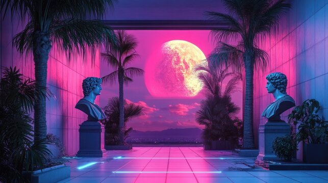 Vaporwave collage with retro electronics, palm trees, and classical art busts in neon hues of pink, cyan, and purple