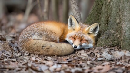Fototapeta premium A red fox peacefully sleeping against a tree in a forest setting.