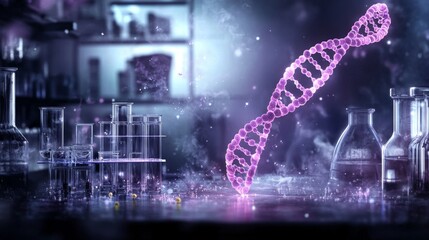 A vibrant digital rendering of DNA stands prominently in a dimly lit laboratory, highlighting the intersection of science and technology.