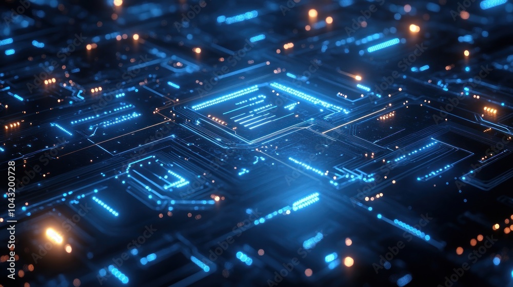 Wall mural dark futuristic grid pattern with glowing blue lines and subtle circuit details