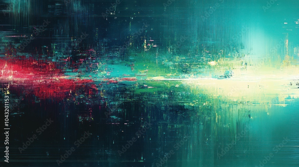 Wall mural horizontal digital distortion with alternating glitch lines and static noise in vibrant shades of gr