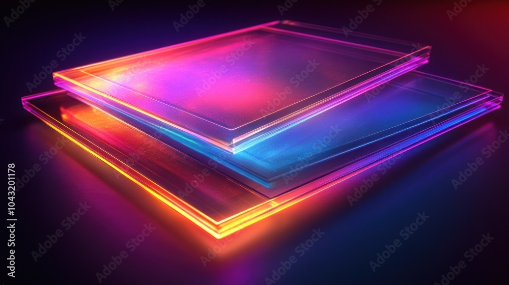 Poster layered translucent holographic panels with glowing edges and soft reflections on a dark gradient su