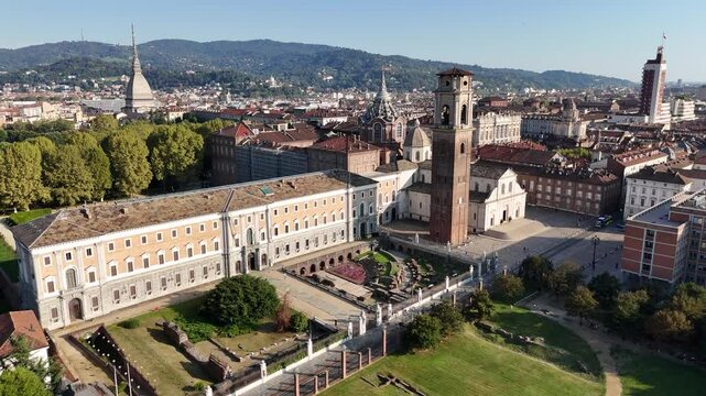 Aerial footage of Savoy Gallery (Galleria Sabauda) and Turin Cathedral in Italy