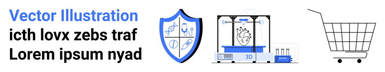 Shield icon with medical symbols, a shopping cart, and text in a clean design. Ideal for healthcare, online shopping, cybersecurity, medical technology, and e-commerce themes. Banner for landing page