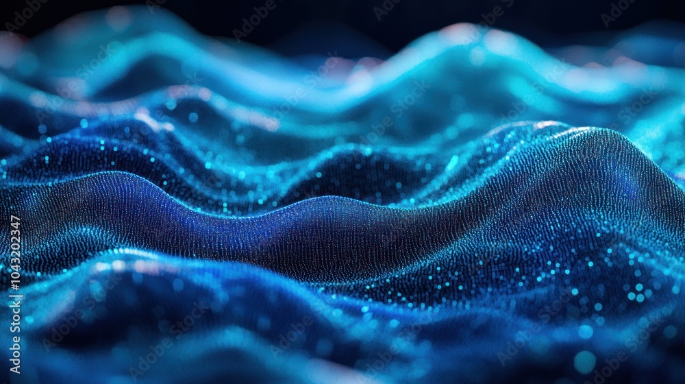 Wall mural digital wave of tiny pixelated squares in shades of blue and teal, simulating data flow
