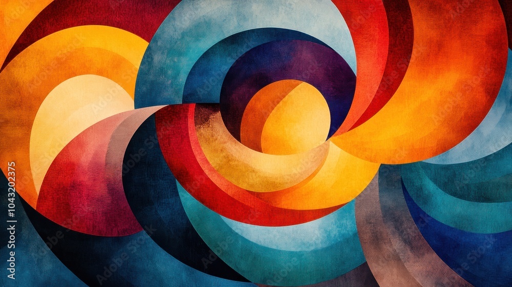 Wall mural dynamic swirl of multicolored geometric shapes overlapping in a playful, energetic pattern