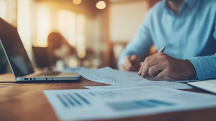 A job candidate is focused on taking notes and reviewing essential documents while sitting at a spacious desk in a contemporary office setting