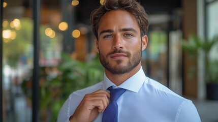 Obraz premium A young man stands in a contemporary office, nervously adjusting his tie as he prepares for a job interview. His expression reflects both anticipation and anxiety