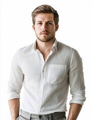 Office employee man in a button-up shirt with rolled-up sleeves and no tie on a white background.