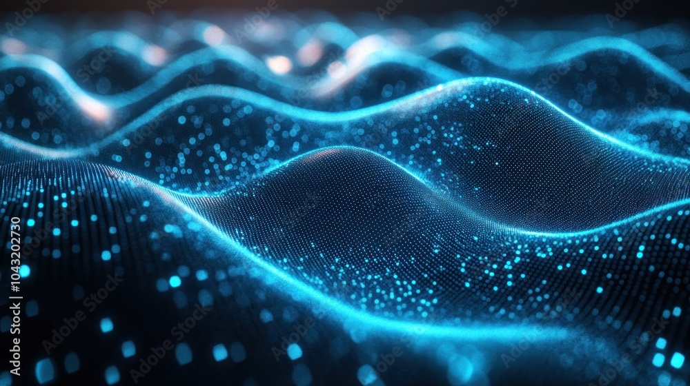 Wall mural high-tech digital wave grid in glowing cyan, pulsating over a dark gradient background