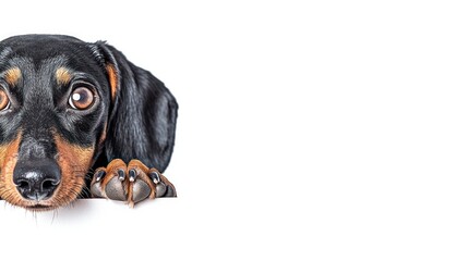 Obraz premium A close-up of a dachshund's face with its paws resting on a surface.