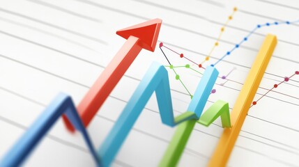 Obraz premium Ascending Growth: A visual metaphor for upward trajectory and progress, captured in a vibrant, colorful chart of arrows pointing upwards, signifying a positive trend and promising future. 