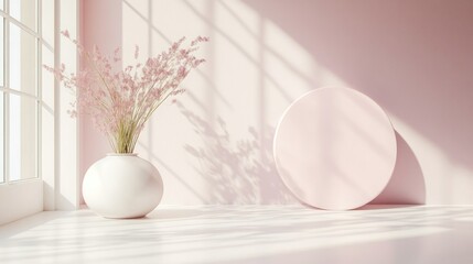 Matte white background with a solitary geometric shape in soft pastel pink for a minimalist pop of color