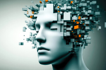 Floating cubes evolve above a stylized human head, portraying abstract concepts of growth, change, and human complexity.