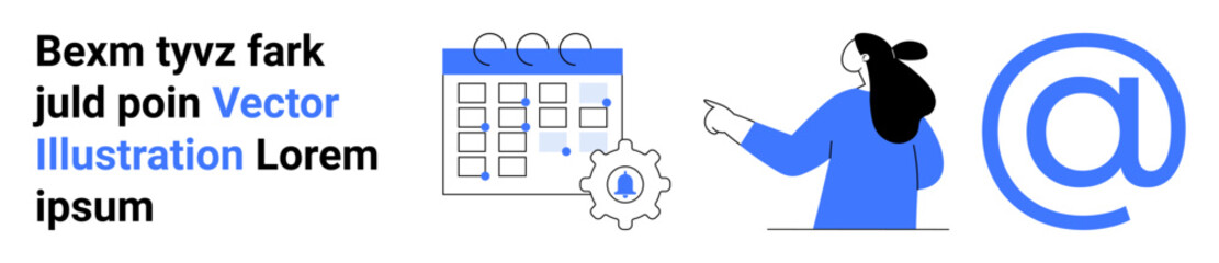 Woman pointing to calendar with gear icon and large at symbol. Ideal for scheduling, organization, notifications, email management, and task planning. Vector graphic with blue and white tones. Banner