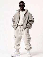 Model man in a trendy tracksuit with a zip-up jacket on a white background.