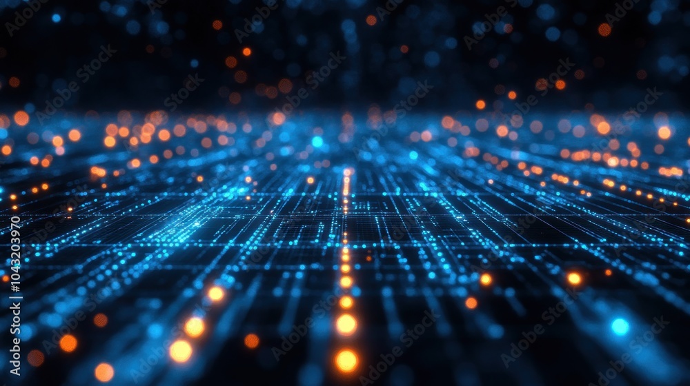 Wall mural dark futuristic grid pattern with glowing blue lines and subtle circuit details