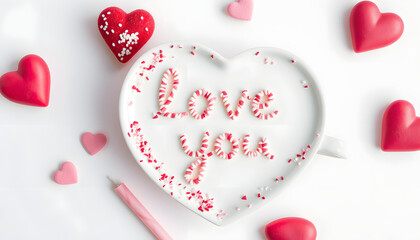 Obraz premium St Valentine's Day concept. Top view photo of inscription love you heart shaped saucer with sprinkles marshmallow and pink candles on isolated white background with copyspace isolated with white hig