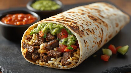 Grilled beef burrito with rice, beans, and guacamole, wrapped in a soft tortilla, grilled beef burrito, MexicanAmerican