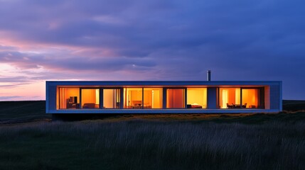 Obraz premium A sleek, modern prefabricated home illuminated from within, set against a dusky sky.