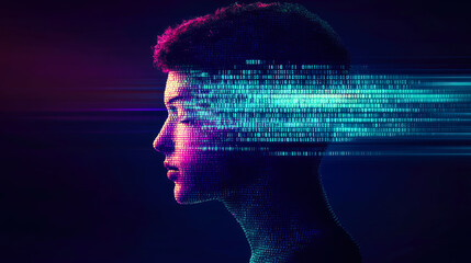 A digital profile view with light streams of binary code, representing the intersection of identity and digital data flow.