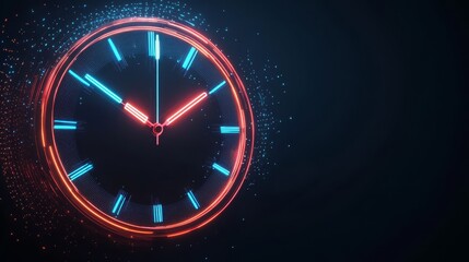 Neon Clock Countdown: A futuristic clock glows with vibrant neon colors against a dark background, its hands ticking towards a deadline or a new beginning.