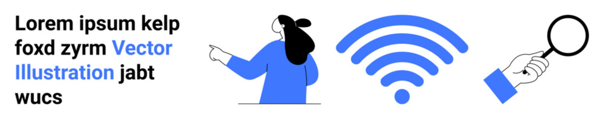 Woman in blue pointing with wireless symbol and hand holding magnifying glass. Ideal for technology, search, connectivity, discovery, analysis. Banner for landing page