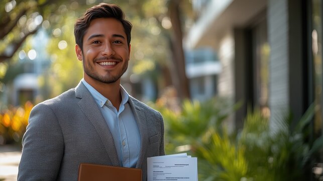 A handsome Latino candidate stands in front of a contemporary building, smiling confidently while holding resumes. It is a sunny day, perfect for a hiring opportunity