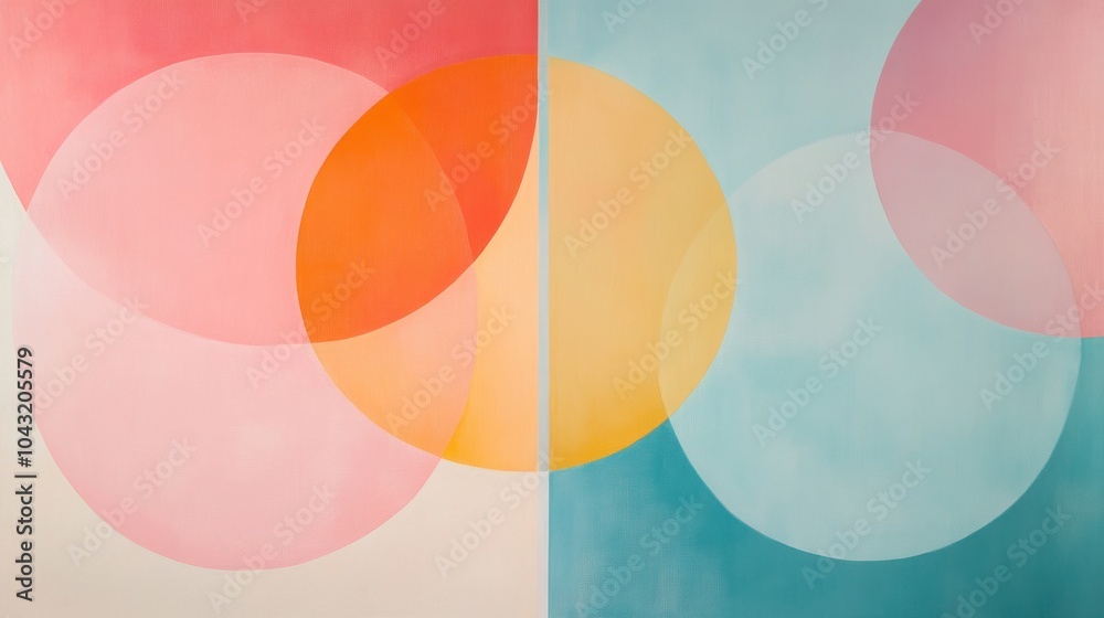 Poster abstract arrangement of overlapping circles in soft pastel colors, creating a harmonious geometric d