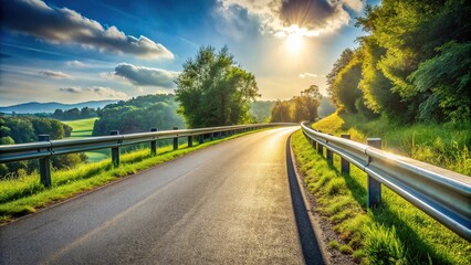 Fototapeta premium High angle country road with reflective guardrail and greenery on sunny afternoon