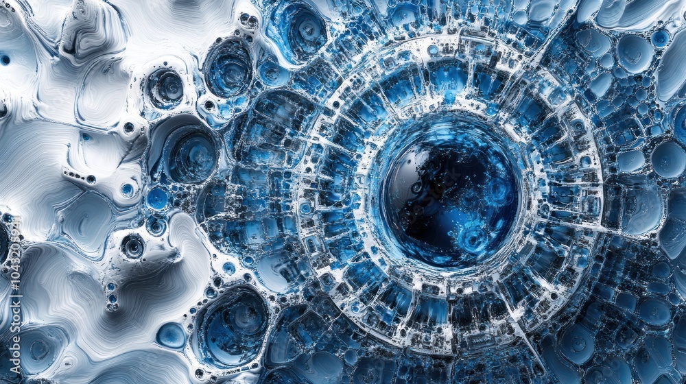 Wall mural blue and white abstract circuits forming intricate patterns across a metallic background