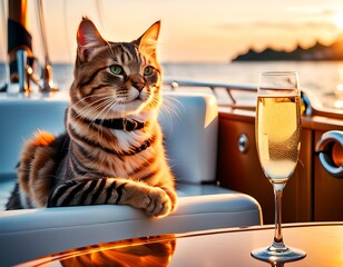 Cat on the yacht with glass of prosecco white sparkling wine stock image