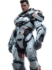 Gaming character man in a sci-fi exosuit with metallic armor on a white background.