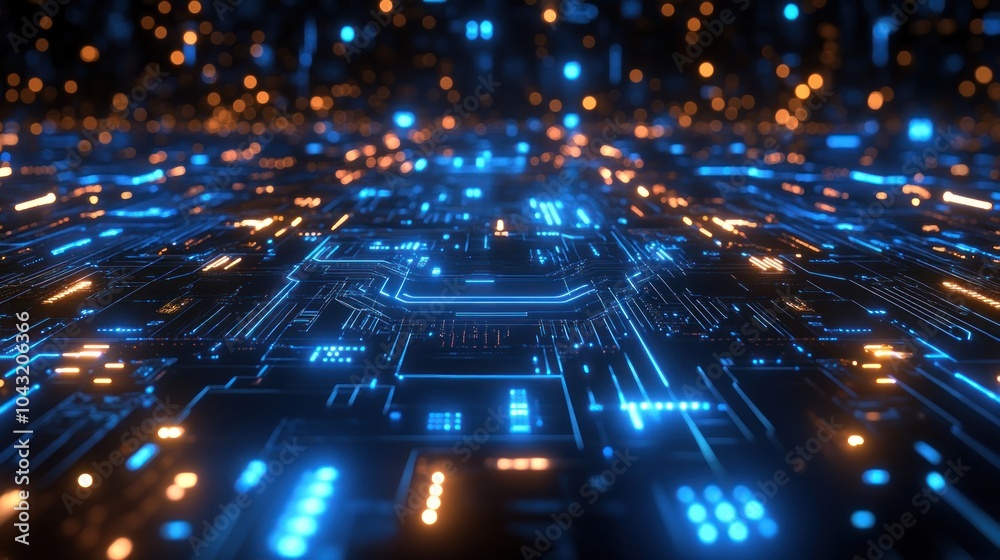 Wall mural dark futuristic grid pattern with glowing blue lines and subtle circuit details