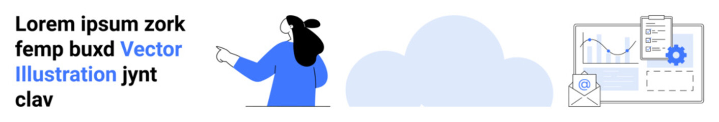 Woman points at cloud with email and chart elements. Ideal for cloud services, data analysis, business reports, email communication, tech support. Banner for landing page