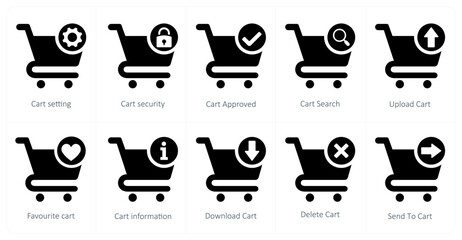 A set of 10 cart icons as cart setting, cart security, cart approved