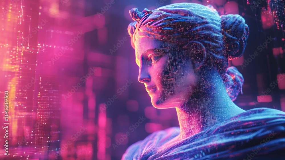 Wall mural pastel-colored bust of a classical statue floating in a pixelated digital space with glitch overlays