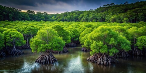 High angle dark mangrove trees forest wallpaper background